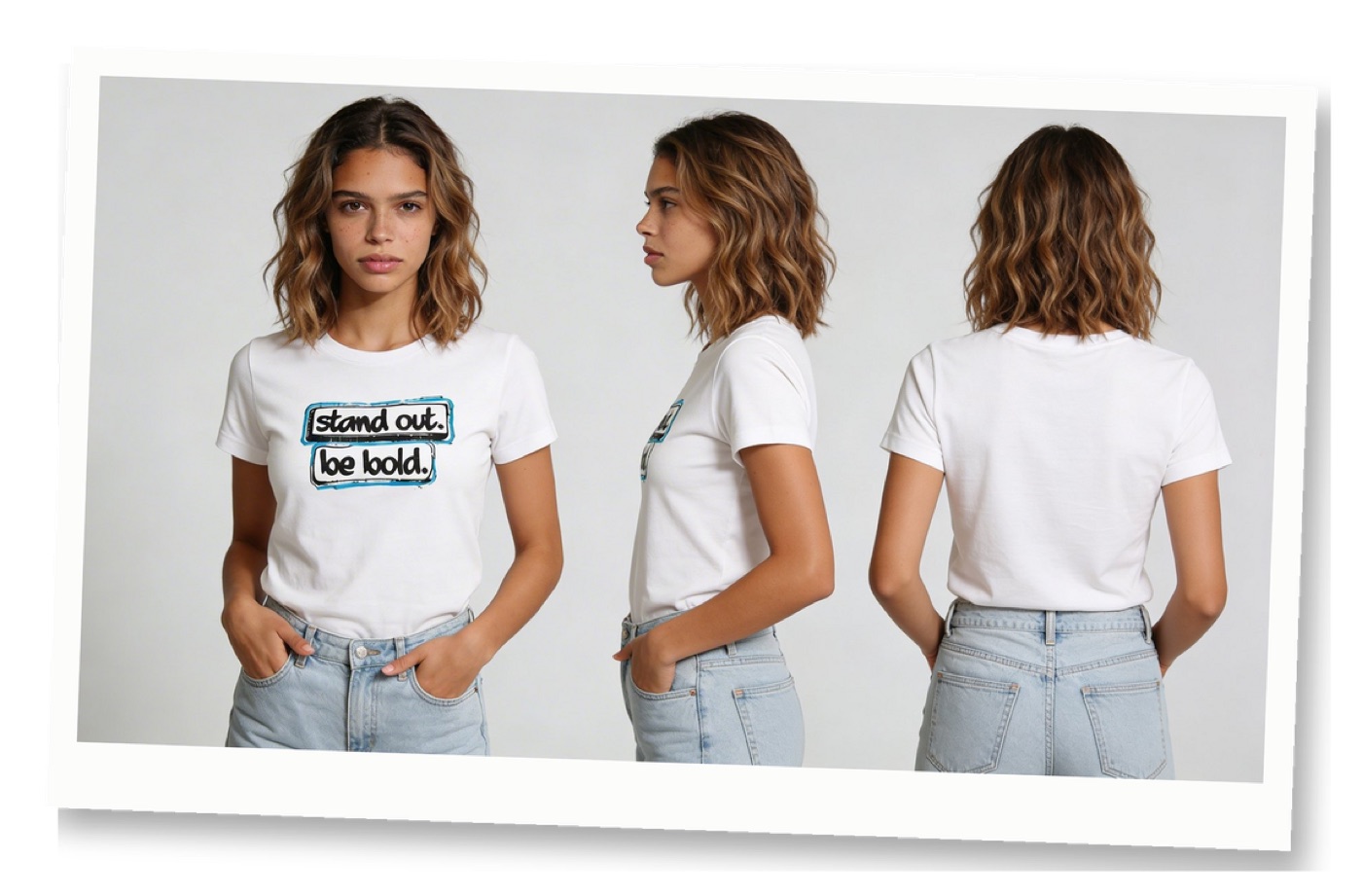 Front, side and back view of the Stand Out. Be Bold. tee in white